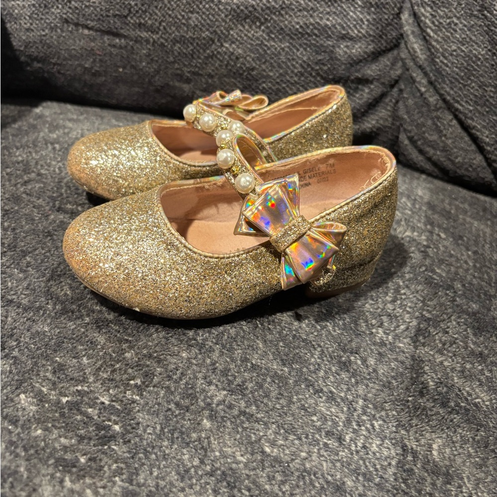 Glittery Gold Kids Shoes with Bow Toddler 7